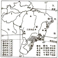 如图是巴西农产,矿产和工业分布图,据图回答6-7题.