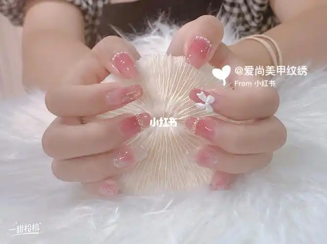 长款ins风网红蝴蝶结珍珠贝壳渐变美甲