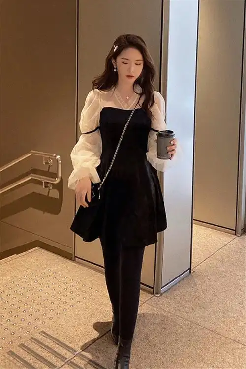 小个子时尚套装裙子温柔风泡泡袖连衣裙 加绒裤子套装两件套