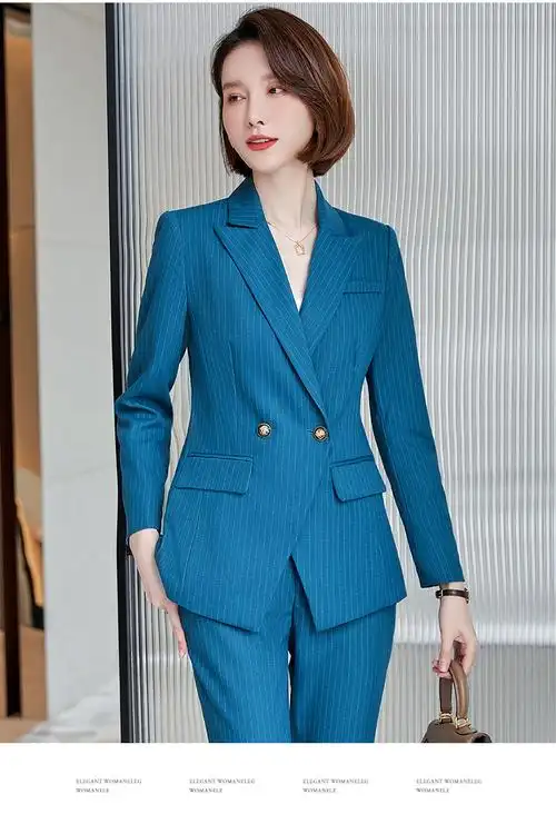 米姿月感蓝色条纹西装套装女春秋2022女装新款时尚高端通勤职业总裁