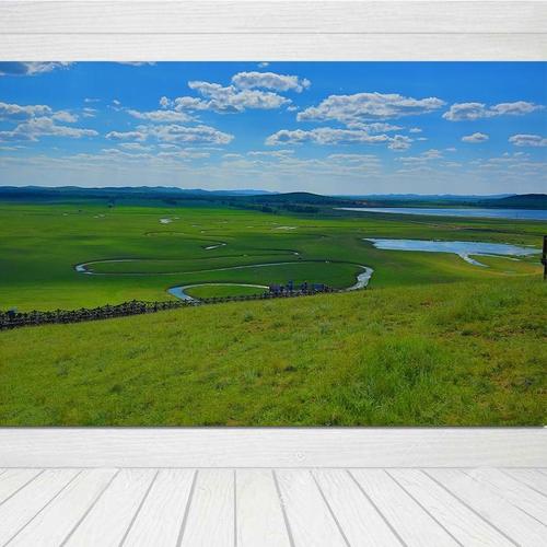 风景装饰画蒙古大草原风景海报草地蓝天白云河流景色自粘墙贴挂画