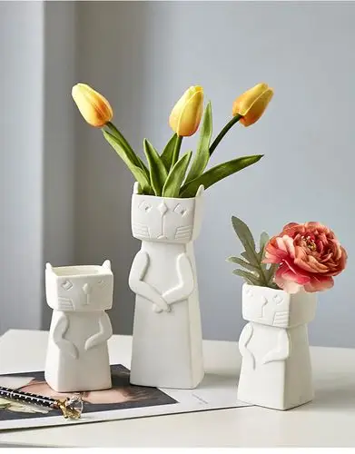 创意陶瓷俏皮猫咪花瓶花盆茶几餐桌客厅家居装饰仿真花绿植插花器