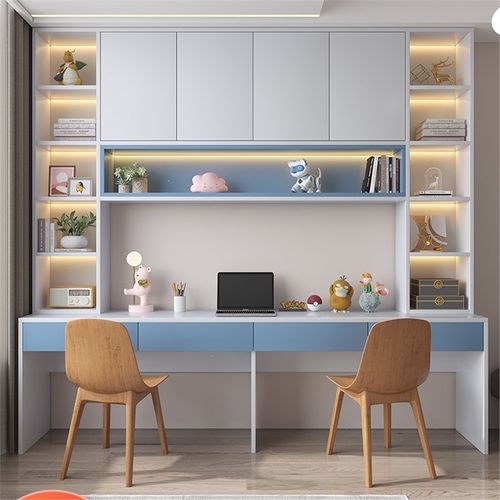 双人书桌藤印象学生家用书架书柜一体靠墙现代简约电脑桌卧室儿童学习