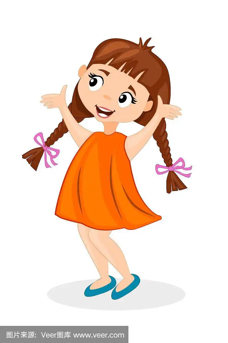 快乐可爱的卡通小女孩扎着辫子