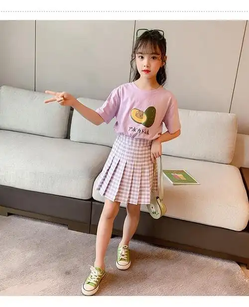 hkxn小学生百褶裙夏装中大女童短裙套装女孩洋气半身裙
