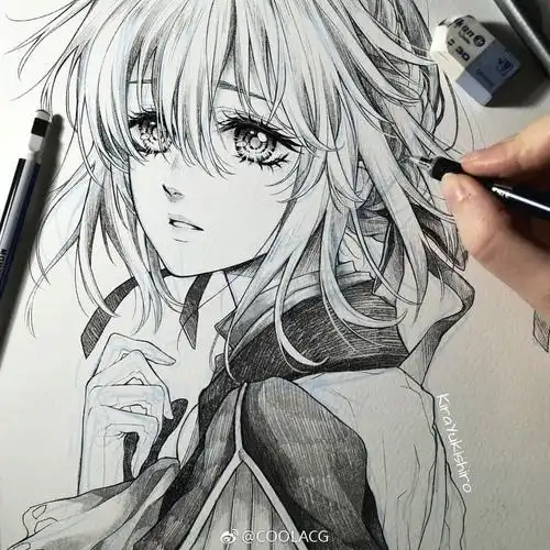 人物黑白动漫素材插画绘画线稿手绘女生男生长发短发转载