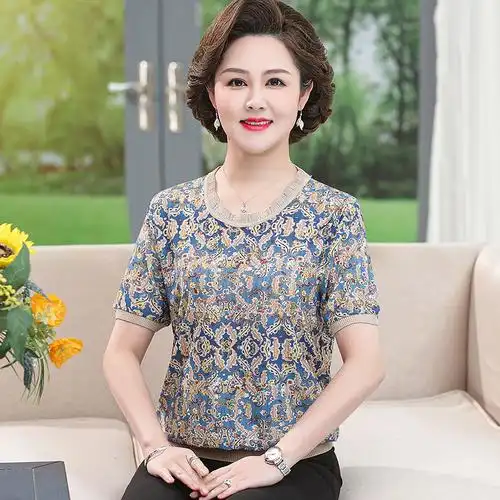 高档妈妈夏装冰丝短袖上衣中老年女夏季50岁圆领衫女洋气遮肚t恤