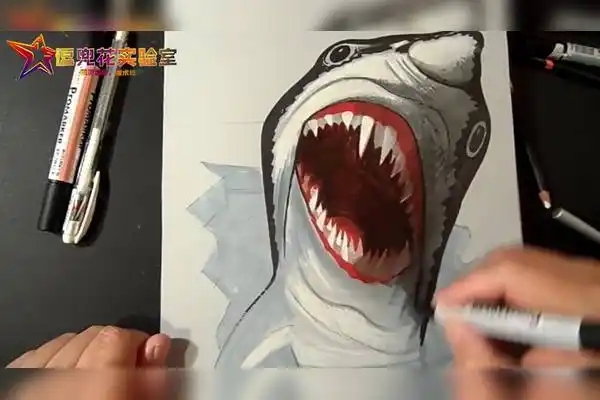 原来画画这么简单牛人绘制3d鲨鱼幻觉你也可以学的绘画