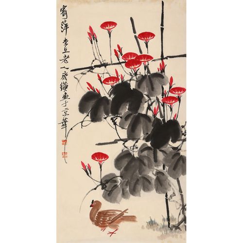 名家字画齐白石三尺竖幅精牵牛花鸟手绘国画作品办公室装饰名人画