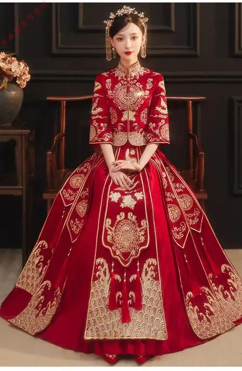 皮尔卡丹轻奢大牌秀禾服女2021年新款结婚礼服中式婚纱新娘婚服龙凤褂