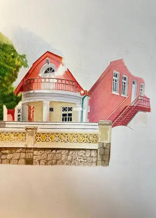 彩铅画别墅