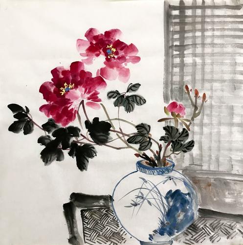 名家国画花鸟牡丹3760四尺斗方无款纯手绘精品创作玄关宣纸新中式