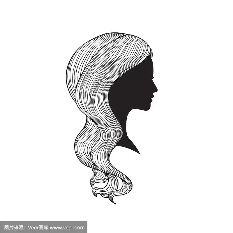 有一头漂亮头发的女人.女孩侧面剪影与长头发在白色的背景.