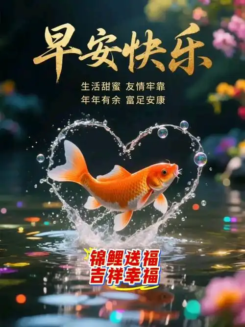 早安快乐!锦鲤送福吉祥幸福,愿你生活甜蜜,年年有余,富足安康