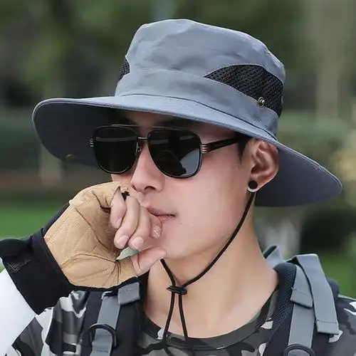 大檐防晒帽夏天透气钓鱼帽男士渔夫帽太阳帽凉帽深灰配随机颜色袖套