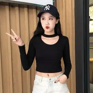 长袖t恤女短款紧身上衣露脐装初秋韩版挂脖黑色高腰漏脐打底衫棉