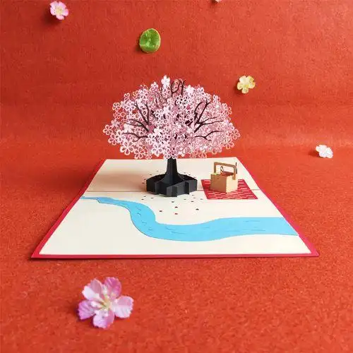 3d立体贺卡礼物送女生祝福结婚镂空小卡片 樱花树下日本创意镂空樱花