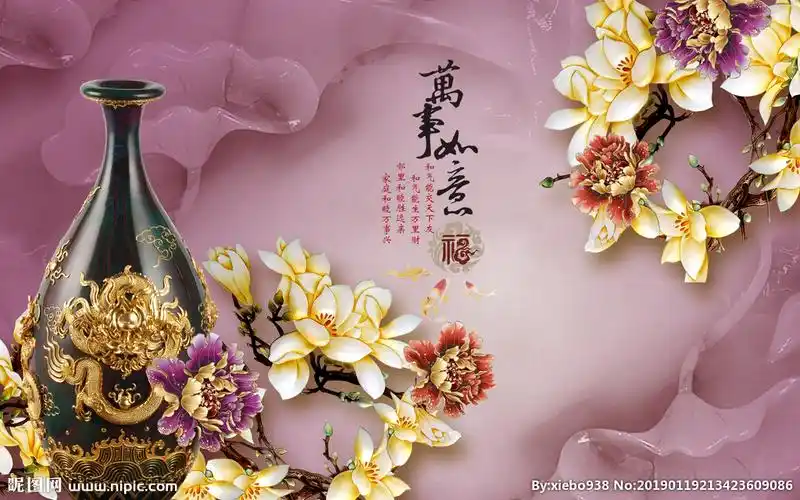 万事如意兰花彩雕花瓶立体背景墙图片