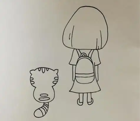 彩色小女孩小猫背影简笔画步骤_简笔画图片大全