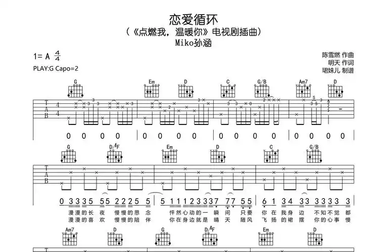 恋爱循环吉他谱-miko孙涵-g调原版六线谱1