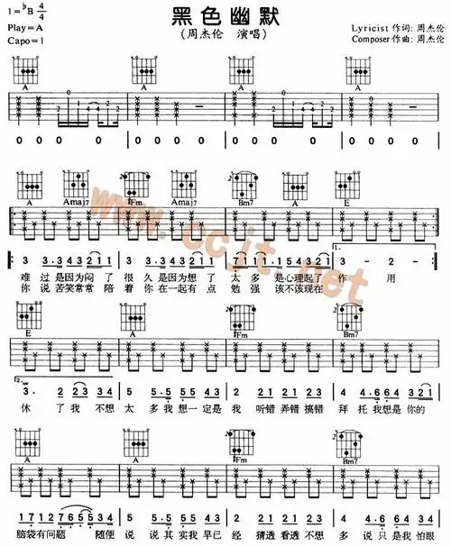 黑色幽默吉他谱周杰伦吉他图片谱1张