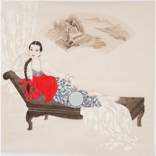 女图工笔画无款人物提款仕女国画工笔斗方四尺国画