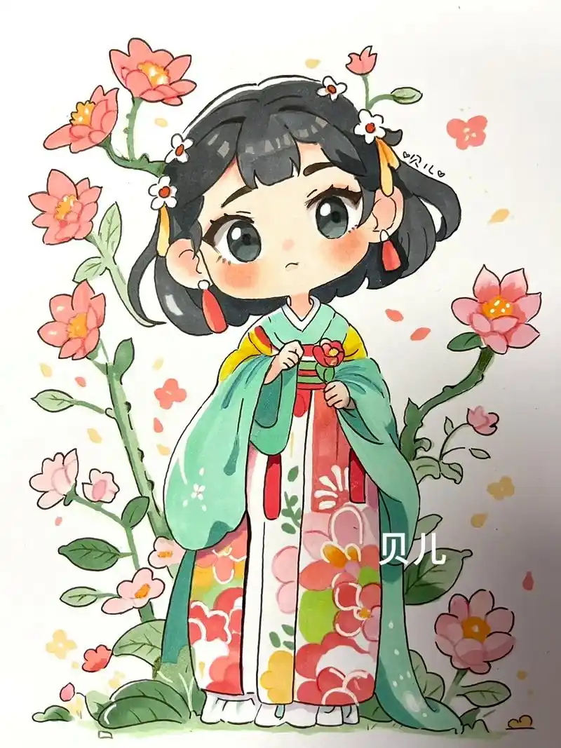 马克笔动漫人物:踏春的国风小女孩#马克笔手绘 #跟着抖音学画 - 抖音