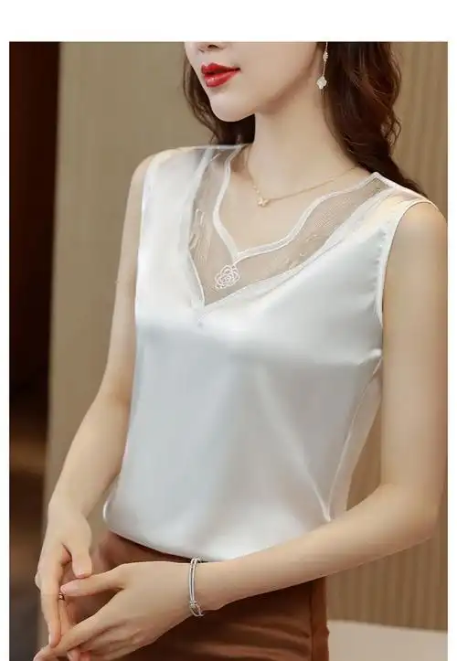 融斤蕾丝吊带背心女外穿夏季女装真丝缎面宽松内搭打底无袖上衣女醋酸