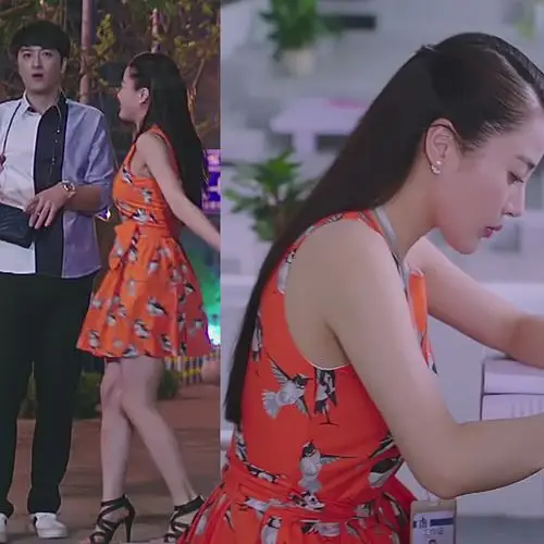 下一站别离谈莎莎苏云同款印花小鸟连衣裙橙色蓬蓬夏束腰清新显高