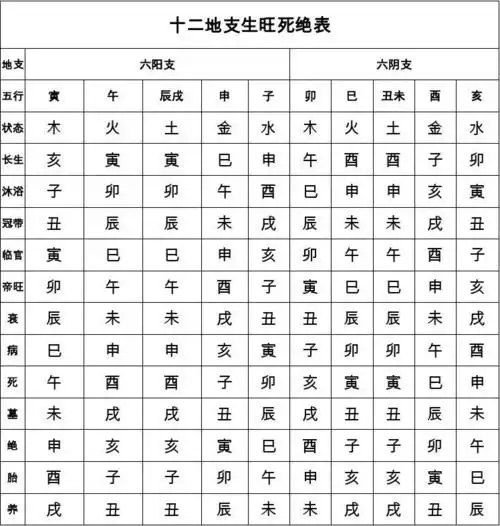 十二地支生旺死绝表