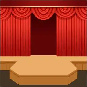 木制表演舞台与猩红色天鹅绒帷幔和 pelmets.矢量平面卡通插图照片