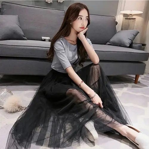 韩国东大门高腰网纱裙半身长裙夏蓬蓬裙春款仙女百褶裙沙滩打底裙