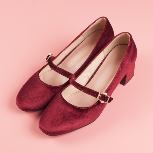 酒红色玛丽珍鞋复古方头奶奶鞋金丝绒赫本鞋中跟芭蕾鞋粉色仙女鞋