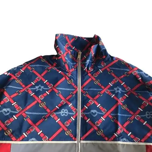 精品古驰gucci复古时尚拼接印花反光运动夹克外套男士现货拼色xs码