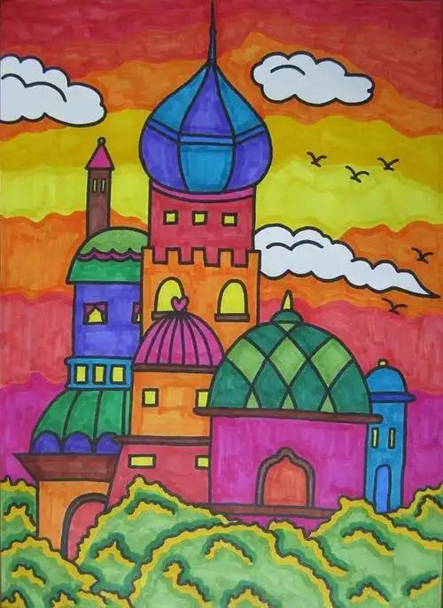 童话城堡 彩笔画儿童城堡儿童画图片 梦之城堡城堡简笔画 儿童画城堡