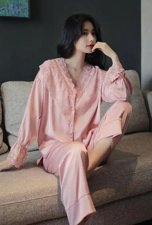 (诗薇蜜)冰丝睡衣女2023新款长袖两件套装御姐风桑蚕丝冰丝家居服