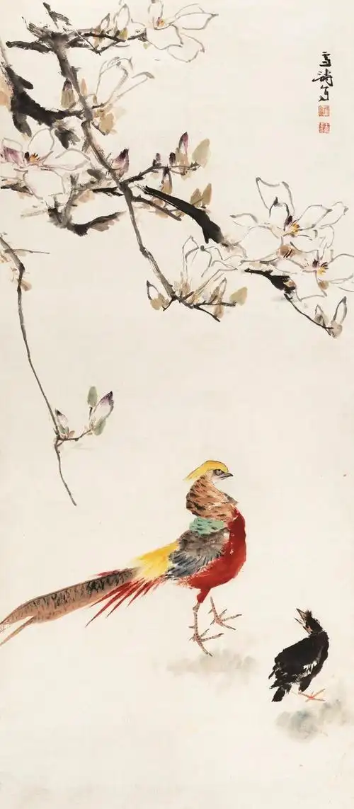 王雪涛玉兰禽戏图立轴设色纸本