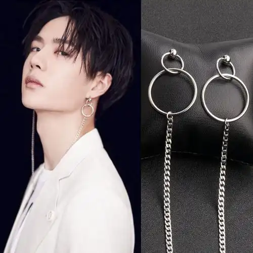 男士耳链_王一博同款耳环项链潮男个性双耳洞连体耳钉挂链百搭时尚