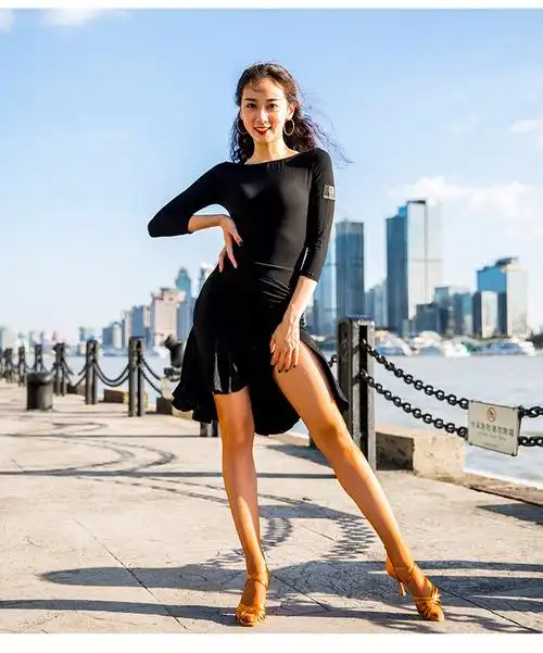 拉丁舞裙连衣裙女成人国标舞舞蹈服拉丁练习服套装草绿色7分袖l