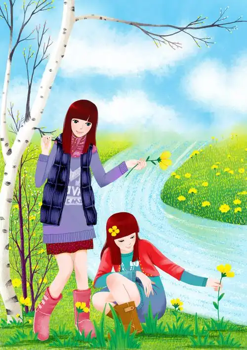 处世唯美插画系列-河边的两个女生