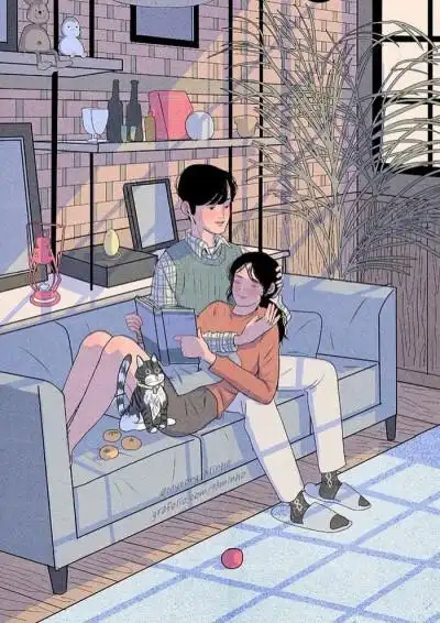 你总是会躺在怀里看书看到睡着 ~ 韩国画师myeong-minho情侣插画作品