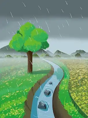 雨天小河油菜花田