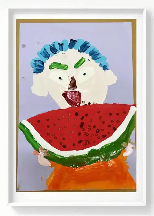 3岁儿童画水粉人物画像吃西瓜的人水粉