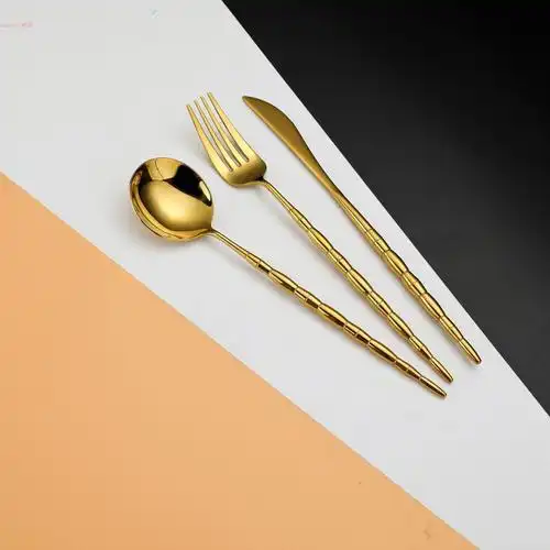 复古竹节钛金金色不锈钢刀叉三件件套西餐餐具西餐餐具套装
