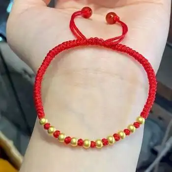 伊生缘珠宝古法小金珠子红绳手链黄金转运珠男女情侣编织本命年手绳