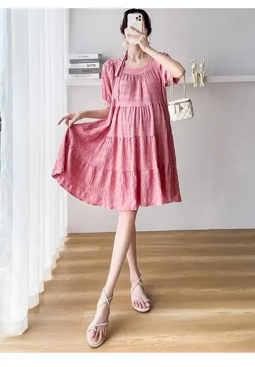 孕妇装娃娃裙夏季韩版气质方领时尚宽松显瘦孕妇连衣裙夏款孕晚期