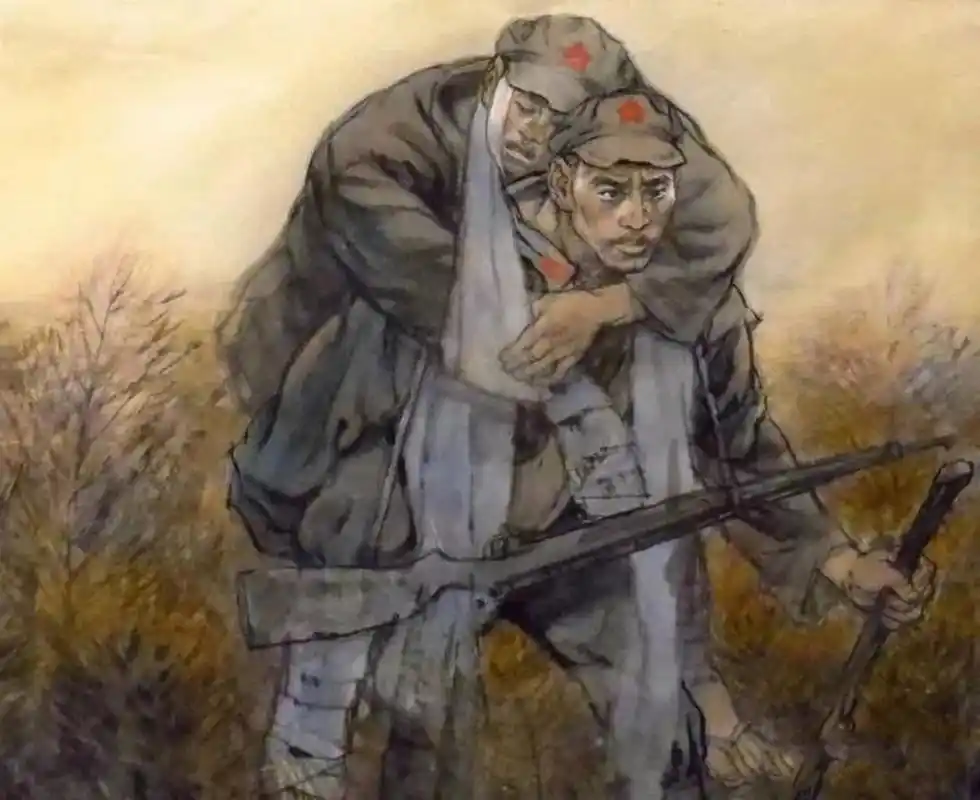 长征途中,一红军伤病员正艰难的在草地上爬行.