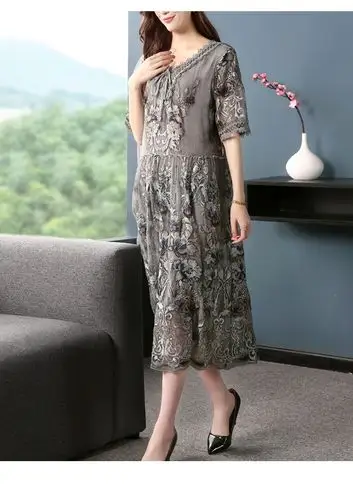 歌珀莱品牌女装桑蚕丝刺绣花真丝夏季短袖v领中长连衣裙 灰色 l