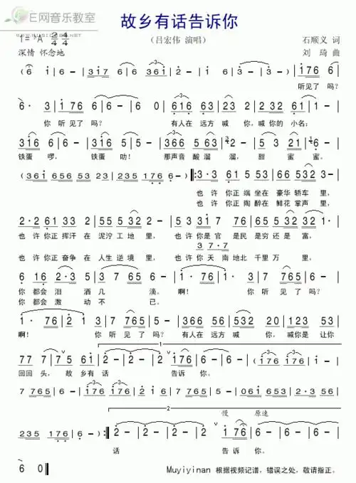 故乡有话告诉你吕宏伟简谱吉他谱