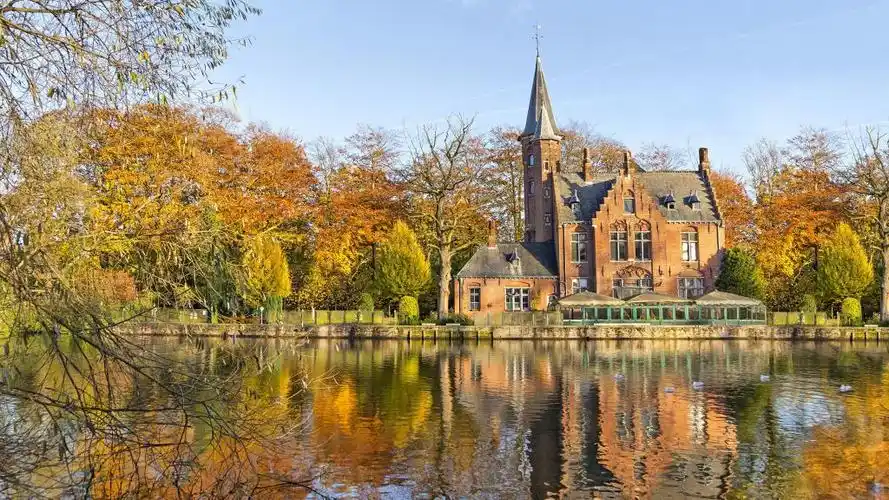 秋天的城市,房子,树木,河流壁纸